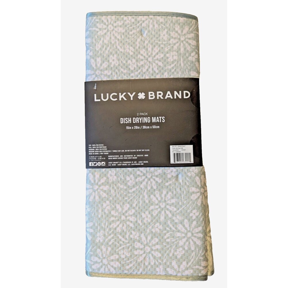 Lucky Brand Dish Drying Mats 2pc Sea Green White Floral Daisy Reversable Kitchen